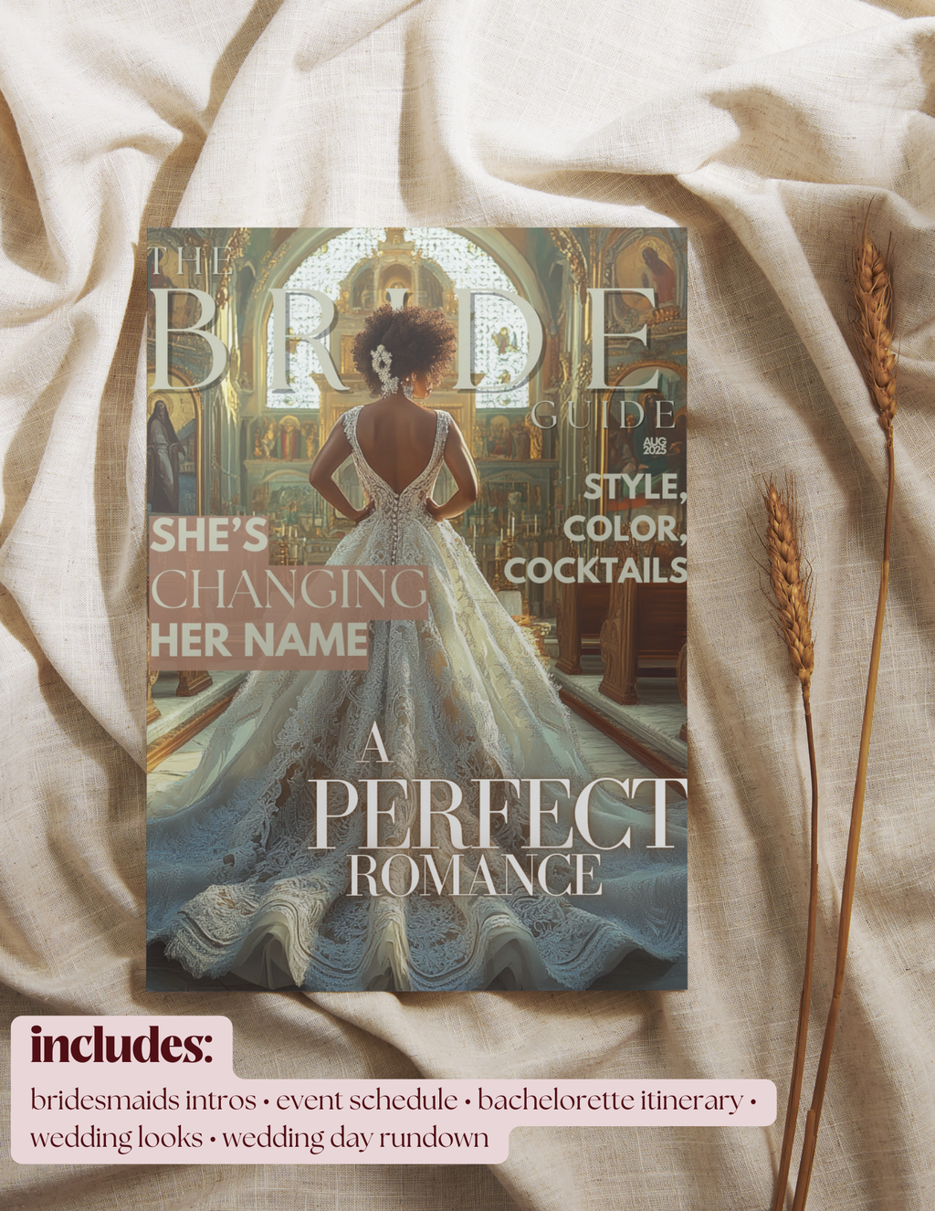 Magazine cover titled 'The Bride Guide' on a textured fabric background