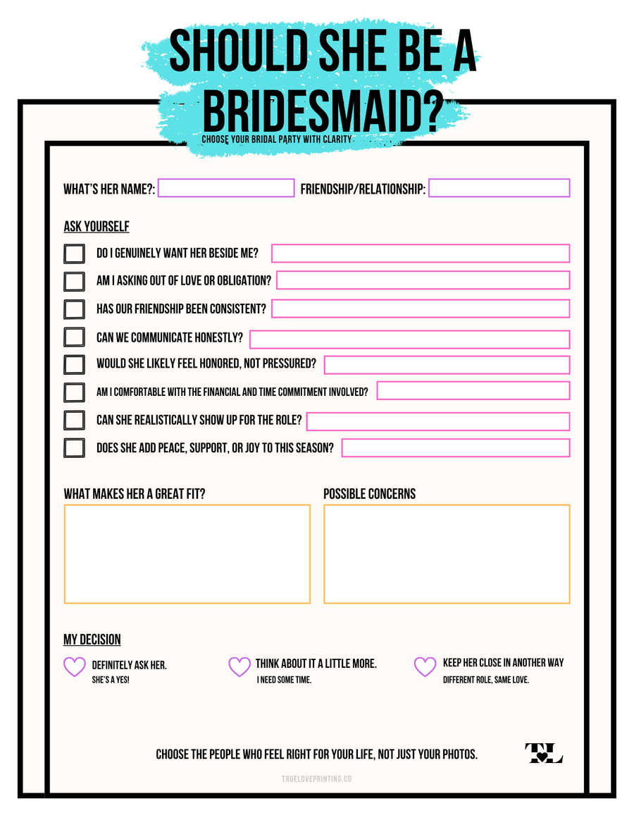 Preview of the free Should She Be a Bridesmaid? worksheet